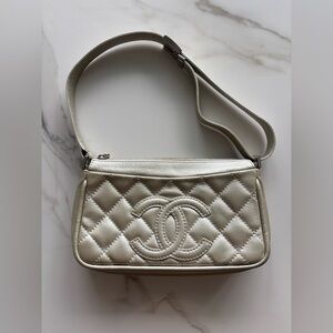 Chanel Timeless Caviar White Pearl Quilted Leather Pochette Shoulder Bag